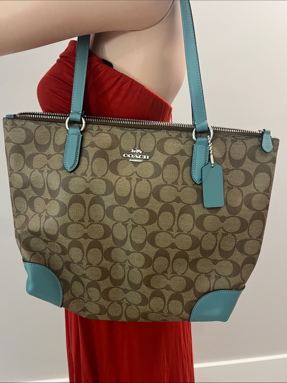 Coach Brown Signature Tote with Teal Trim